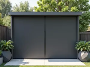 Modern Grey Outdoor Drapes - Sleek charcoal grey weather-resistant curtains on a minimalist metal frame, surrounding a modern patio with geometric planters