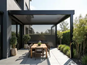 Modern Mesh Panel Curtains - Contemporary mesh fabric panels in charcoal providing filtered shade on a minimalist patio with architectural plants