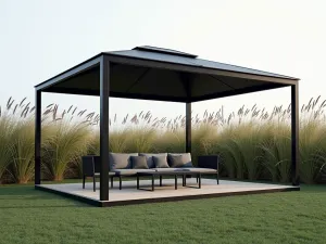 Modern Metal Pavilion - Contemporary black metal gazebo with clean lines, retractable canvas cover, surrounded by tall ornamental grasses, minimalist design