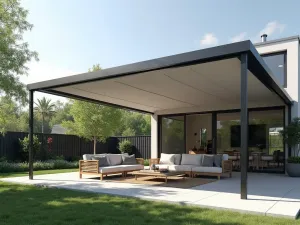 Modern Motorized Pergola Cover - Modern patio with sleek motorized retractable pergola cover in light gray fabric, extending over contemporary outdoor furniture, photorealistic, architectural visualization