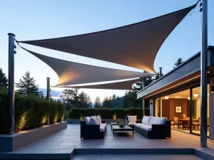 Modern Sail Shade Complex - Multiple overlapping triangular sail shades in varying shades of gray and white create a geometric pattern above a contemporary patio space. The tension-mounted fabric sails are supported by stainless steel posts, with LED strip lighting along the edges for evening ambiance. Modern lounge furniture in charcoal and white sits beneath.