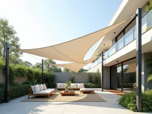 Modern Triangle Shade Sail Configuration - Modern patio space with overlapping white triangular shade sails creating geometric patterns, mounted above a contemporary seating area with clean lines, photorealistic