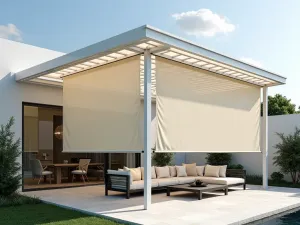 Modern White Pergola with Retractable Canvas - A contemporary white aluminum pergola with retractable cream canvas panels, creating dynamic shade over a minimalist patio space with modern furniture, photorealistic