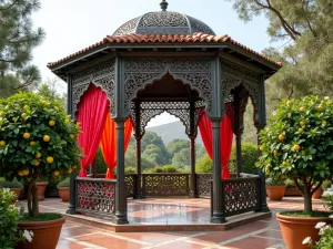 Moroccan Inspired Gazebo - Ornate metal gazebo with Arabic geometric patterns, colorful draped fabrics, surrounded by potted citrus trees and jasmine