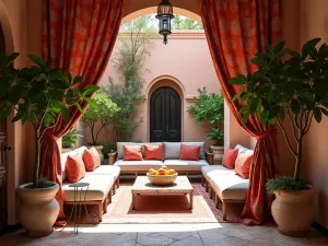 Moroccan-Style Patterned Curtains - Richly patterned curtains with Moroccan motifs creating an exotic outdoor lounge area with potted citrus trees