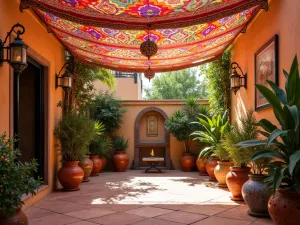 Moroccan-Inspired Shade Canopy - An exotic patio with colorful Moroccan-style fabric canopy, featuring geometric patterns, lanterns, and Mediterranean plants in painted ceramic pots