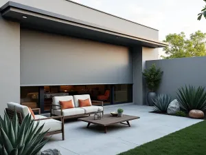 Motorized Shade Screen - High-tech small patio with motorized roll-down shade screens in light gray, complemented by modern furniture and sculptural succulents