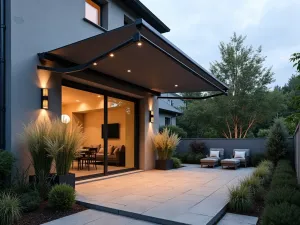 Mounted Side Awning - Modern narrow patio with a sleek wall-mounted retractable side awning in slate gray, featuring built-in LED lighting and potted ornamental grasses