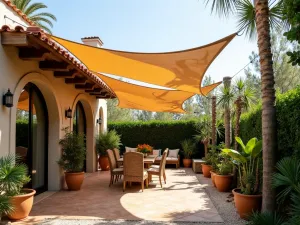 Multi-Level Shade Sails - Creative small patio design with overlapping triangular shade sails in different heights, complemented by Mediterranean-style potted plants