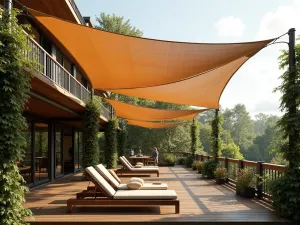 Multilayer Shade Sail Garden - Layered shade sails in earth tones creating depth, over wooden deck with climbing vines on posts, comfortable lounge seating, photorealistic