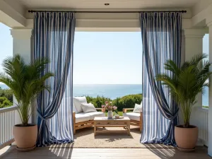 Nautical Striped Cabana Curtains - Navy and white striped outdoor curtains creating a cabana-style space on a coastal patio, with potted palm plants