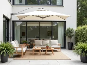 Nordic Minimal Umbrella Space - Scandinavian-style patio with a simple white cantilever umbrella, clean-lined furniture, and light wood accents. Potted ferns add subtle greenery