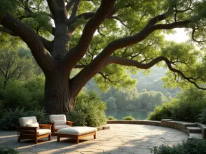 Mature Oak Tree Patio Haven - A peaceful patio setting beneath a majestic old oak tree, with dappled sunlight filtering through dense canopy, natural stone pavers, and comfortable modern outdoor furniture, photorealistic