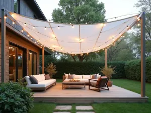 Painter's Tarp Shade - White painter's tarp elegantly draped and secured to create a billowing shade solution with string lights underneath