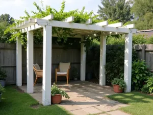 Pallet Wood Pergola - Simple pergola constructed from reclaimed wooden pallets, painted white, with climbing jasmine beginning to grow across the top