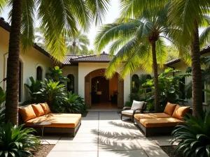 Palm Grove Oasis - Tropical patio sanctuary shaded by multiple palm trees, with their fronds creating dynamic shade patterns, resort-style furniture, and exotic plantings, warm lighting