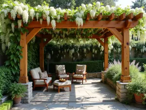 Natural Wooden Pergola with Climbing Vines - A rustic cedar pergola covering a stone patio, draped with flowering wisteria and grape vines, creating dappled natural shade, with comfortable outdoor seating underneath