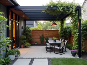 Pergola with Shade Panels - Contemporary small patio with a metal pergola featuring adjustable louvered shade panels, accented with climbing clematis and outdoor pendant lights