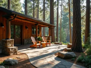 Pine Grove Retreat - Rustic patio nestled among tall pine trees, with needle-filtered light creating subtle shade patterns, Adirondack chairs, and natural stone elements, forest photography style