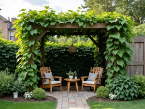 Plant-Covered Trellis Shade - Simple wooden trellis covered with fast-growing morning glory vines creating natural shade over a small patio seating area