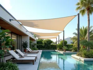 Poolside Sail Coverage - Elegant white shade sails providing coverage over modern pool deck with loungers and tropical plantings, photorealistic