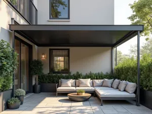 Pop-up Canopy Solution - A collapsible pop-up canopy in charcoal gray providing instant shade on an urban apartment patio, with modern lounge furniture beneath