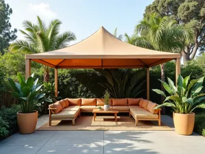 Pop-up Canopy Lounge - A modern pop-up canopy creating a casual outdoor lounge area, with modular furniture and portable container gardens featuring tropical plants