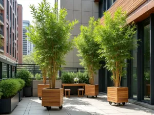 Portable Plant Privacy Wall - A movable wooden plant stand with tall bamboo plants creating natural shade, positioned on an urban apartment patio with modern decor