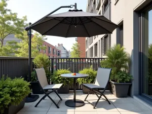 Portable Umbrella Stand Solution - A compact apartment patio with a sleek cantilever umbrella in charcoal gray, mounted on a mobile weighted base, shading a bistro set and potted plants