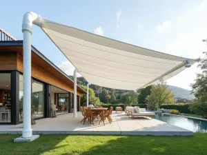 PVC Pipe Pergola - Modern white PVC pipe frame structure with weather-resistant mesh fabric creating a contemporary shade solution