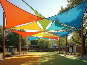 Rainbow Sail Collection - Playful arrangement of small triangular shade sails in gradient colors, creating rainbow effect over children's outdoor play area, photorealistic