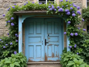 Reclaimed Door Awning - Vintage wooden doors repurposed as a unique awning structure, painted in weathered blue with climbing clematis