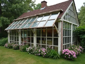 Recycled Window Awning - Old windows hung horizontally to create a unique awning structure, with stained glass effect and trailing sweet peas