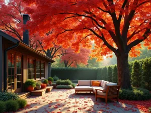 Red Maple Grove Patio - Colorful patio setting beneath a grove of red maple trees, providing dense shade with seasonal color interest, casual outdoor furniture, natural autumn lighting