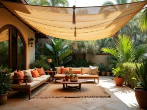 Natural Reed Roll-Up Shade - A bohemian-style patio with natural reed roll-up shades, decorated with macramé hangings and surrounded by tropical plants and palms