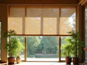 Reed Screen Shade - Natural reed rollup screens mounted on a simple frame, creating filtered light with potted bamboo plants below