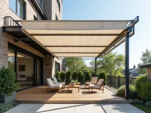 Pergola Kit with Canvas - A lightweight, removable pergola frame with sliding canvas panels, creating adjustable shade on an urban apartment patio with modern furniture