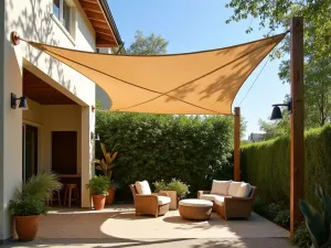 Repurposed Sail Shade - Triangle-shaped shade sail made from repurposed outdoor fabric in a soft beige color, mounted between house and wooden posts, casting geometric shadows on a cozy patio seating area