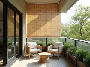 Retractable Bamboo Roll-Up Shade - A modern apartment balcony featuring a natural bamboo roll-up shade mounted above, partially extended to create dappled light on a cozy seating area with minimalist furniture