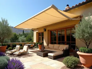 Retractable Canvas Awning - A sophisticated cream-colored retractable canvas awning extending over a Mediterranean-style patio, with terracotta pots filled with lavender and olive trees