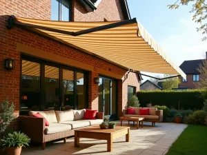 Retractable Canvas Awning - Elegant striped canvas retractable awning extending from a brick wall over a cozy patio seating area, late morning sunlight