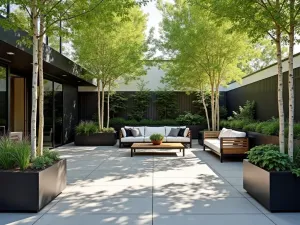 River Birch Cluster Patio - Contemporary patio design surrounded by a cluster of multi-stemmed river birches, providing dappled shade, with modern furniture and geometric planters, clean architectural style