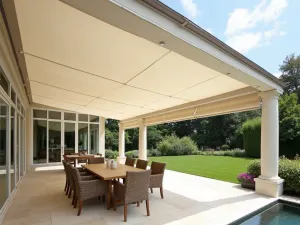 Roman Style Outdoor Shade - Elegant Roman style retractable fabric shade in neutral tones, creating a refined atmosphere over a classical patio setting