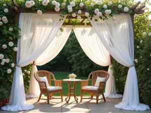 Romantic Sheer Curtain Canopy - Ethereal white sheer curtains draped in a canopy formation over a romantic patio setting with climbing roses