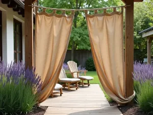 Rustic Burlap Patio Curtains - Natural burlap curtains hung on rope between wooden posts, creating a rustic farmhouse patio atmosphere with lavender bushes