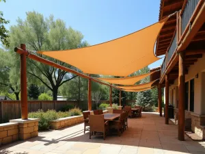 Rustic Ranch Shade Solution - Weather-resistant tan shade sails mounted on wooden posts with rustic hardware, over stone patio with Western-style furniture, photorealistic