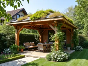 Rustic Timber Frame Gazebo - Heavy timber frame gazebo with exposed beams, natural wood finish, green roof with sedum plants, climbing jasmine