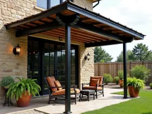 Rustic Wood and Metal Awning - A custom-built awning combining weathered wood beams and black metal supports, extending from a stone wall. The structure provides shade over a rustic patio with vintage-inspired furniture and hanging ferns in copper planters.