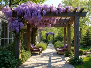 Rustic Wooden Pergola with Wisteria - A weathered cedar pergola covered in cascading purple wisteria vines, casting dappled shadows on a natural stone patio, bright spring afternoon light, photorealistic