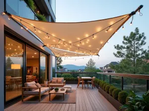 Sail Shade Elegant Setup - A triangular sail shade in cream color attached with temporary mounting hardware, creating an airy canopy over a modern apartment balcony with string lights